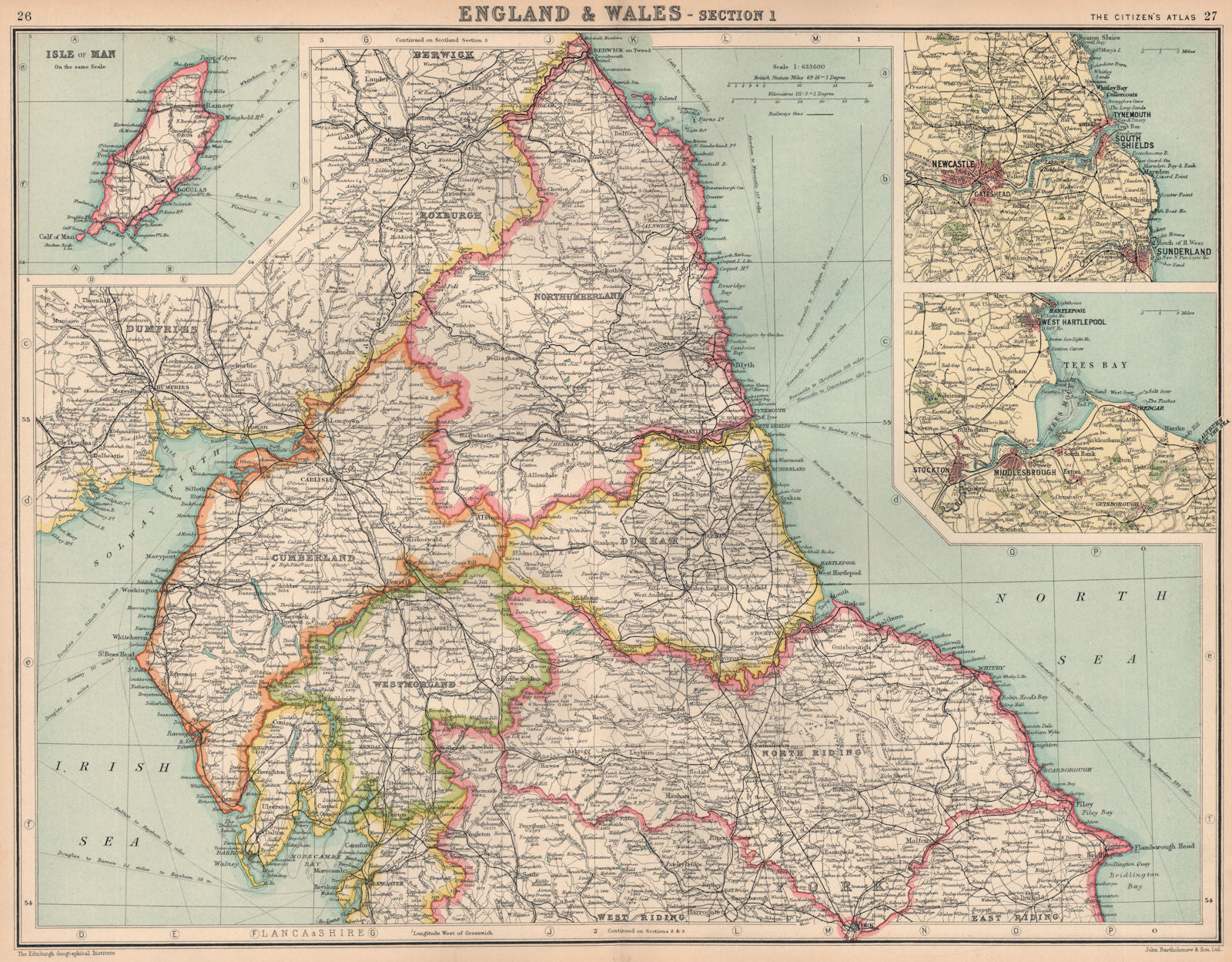 NORTHERN ENGLAND. Northumbs Durham Cumbs Westm Yorkshire North Riding 1924 map